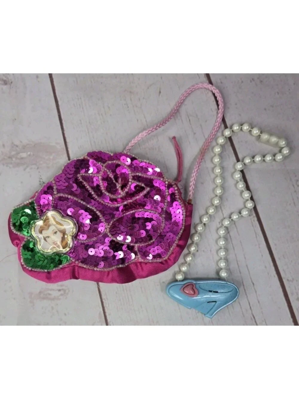 Disney Belle Sequined Heart Purse & Cinderella Faux Pearl Necklace Working